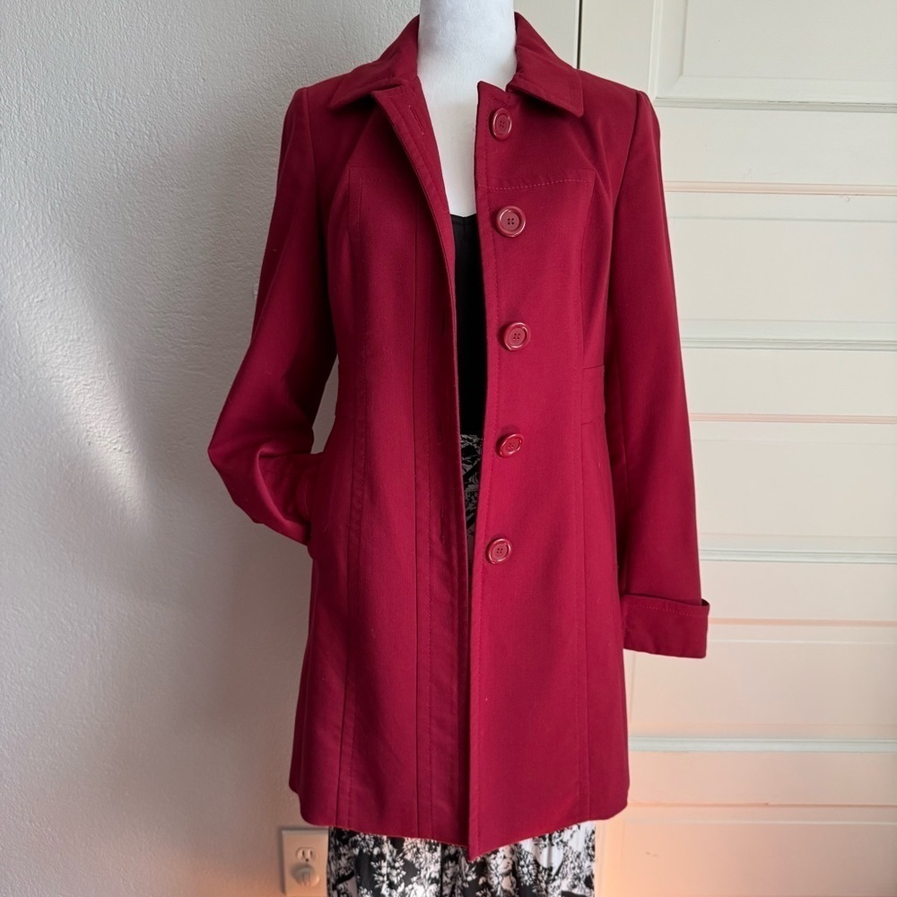 LOFT Cherry Red Trench Coat with Tailored Mid-Length Style - Picture 5 of 12